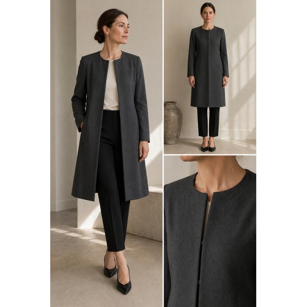 L.K. Bennett Duster Coat Women XS Grey Wool Minimalist Long‎ LUXURY FRANCE